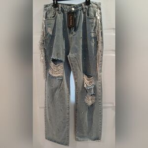 Stylish Blue Distressed Jeans with Fringe